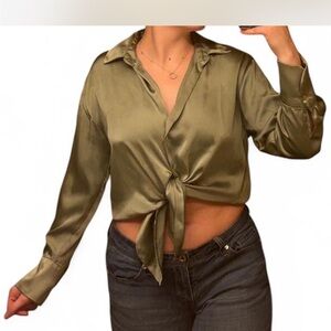 Green Satin Tie-Front Blouse